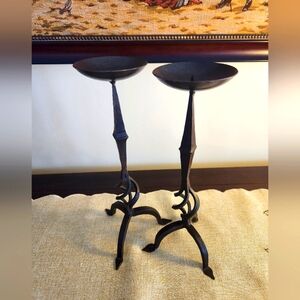 Set of Iron Pillar Candle Holders, Tripod feet, Swirl Design